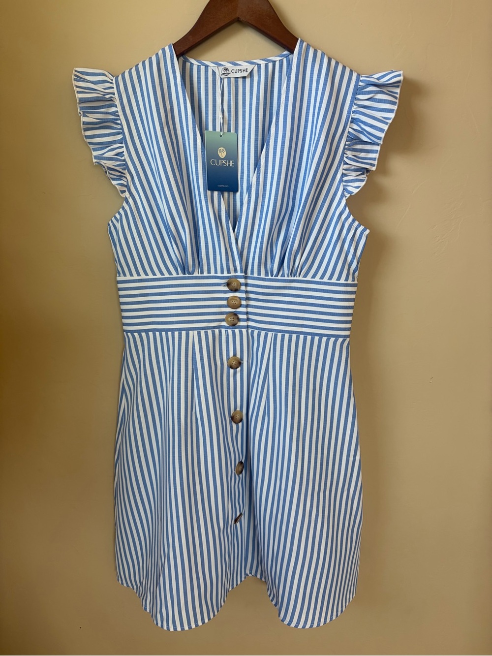 Cupshe Women’s Blue & White Striped Ruffle-Sleeve Button Dress NWT Resortware